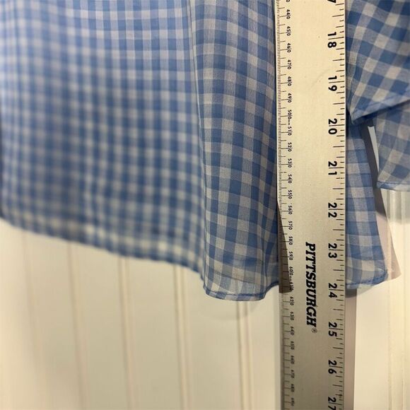 Liz Claiborne Blue Gingham Ruffle Sleeve Semi Sheer Blouse M V-Neck Semi Sheer - Picture 6 of 8